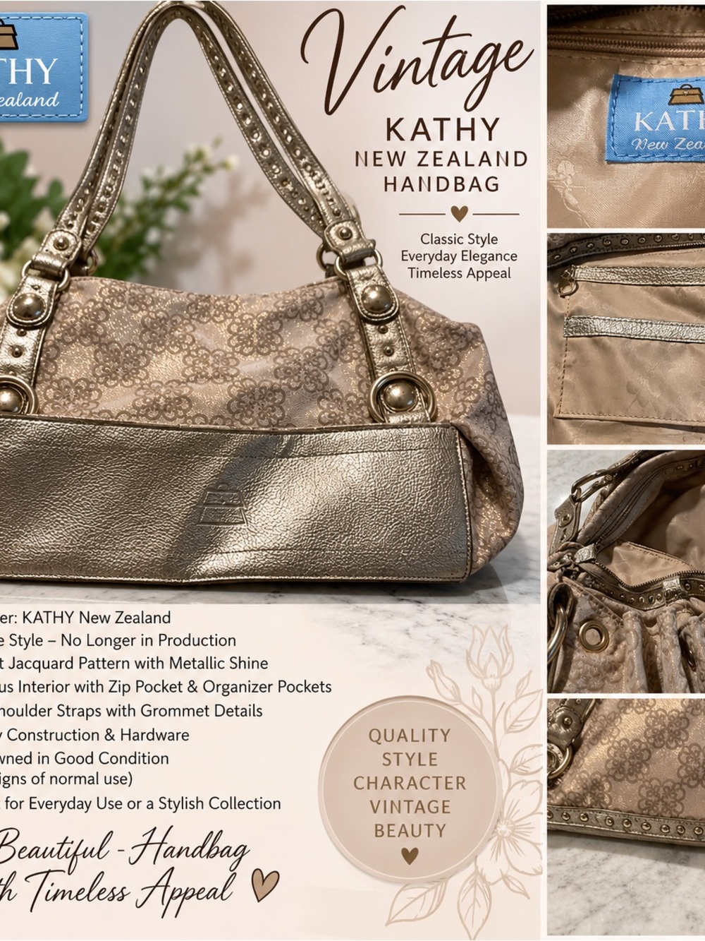 Vintage KATHY New Zealand Metallic Floral Jacquard Shoulder Handbag Purse